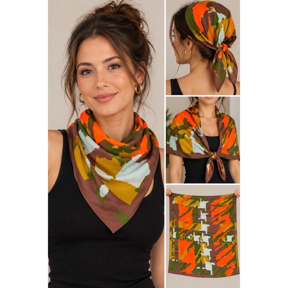 Vintage Echo Scarf 31" Square Abstract Mod Orange Green Brown 60s 70s Retro